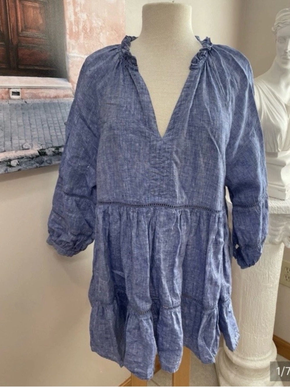 eShakti custom 100% Linen Babydoll Chambray Tunic LAGENLOOK XL Oversized